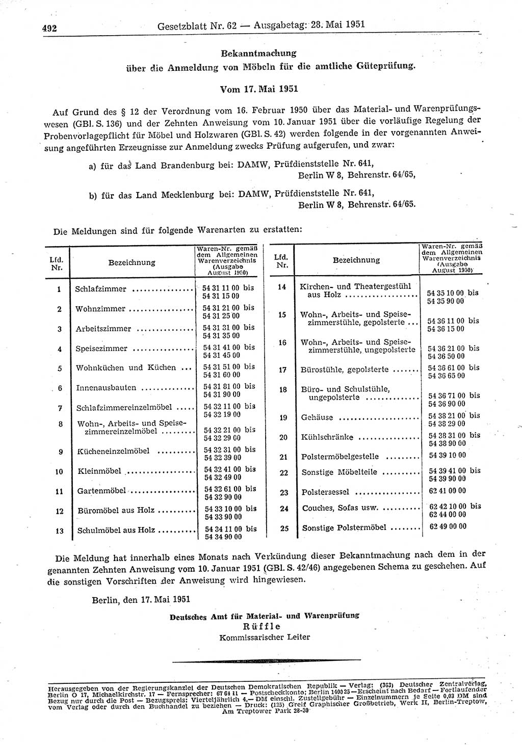 Gesetzblatt (GBl.) der Deutschen Demokratischen Republik (DDR) 1951, Seite 492 (GBl. DDR 1951, S. 492)