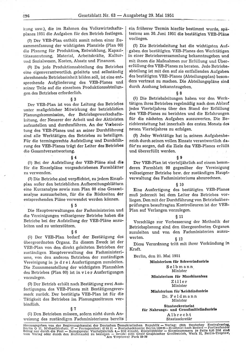 Gesetzblatt (GBl.) der Deutschen Demokratischen Republik (DDR) 1951, Seite 496 (GBl. DDR 1951, S. 496)