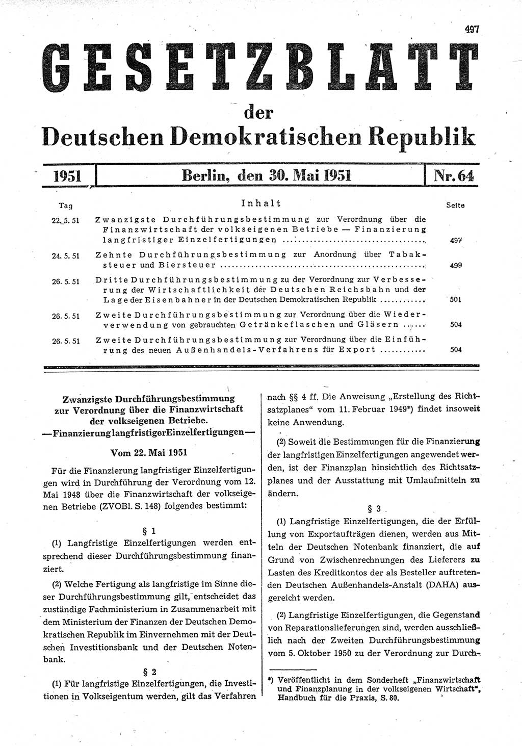 Gesetzblatt (GBl.) der Deutschen Demokratischen Republik (DDR) 1951, Seite 497 (GBl. DDR 1951, S. 497)