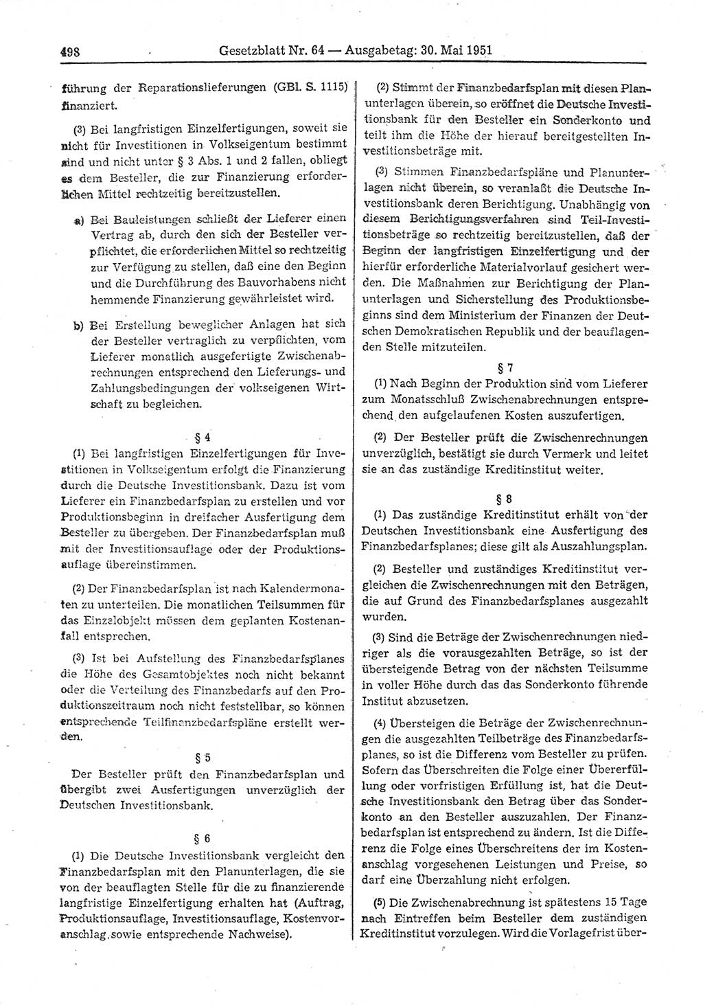 Gesetzblatt (GBl.) der Deutschen Demokratischen Republik (DDR) 1951, Seite 498 (GBl. DDR 1951, S. 498)