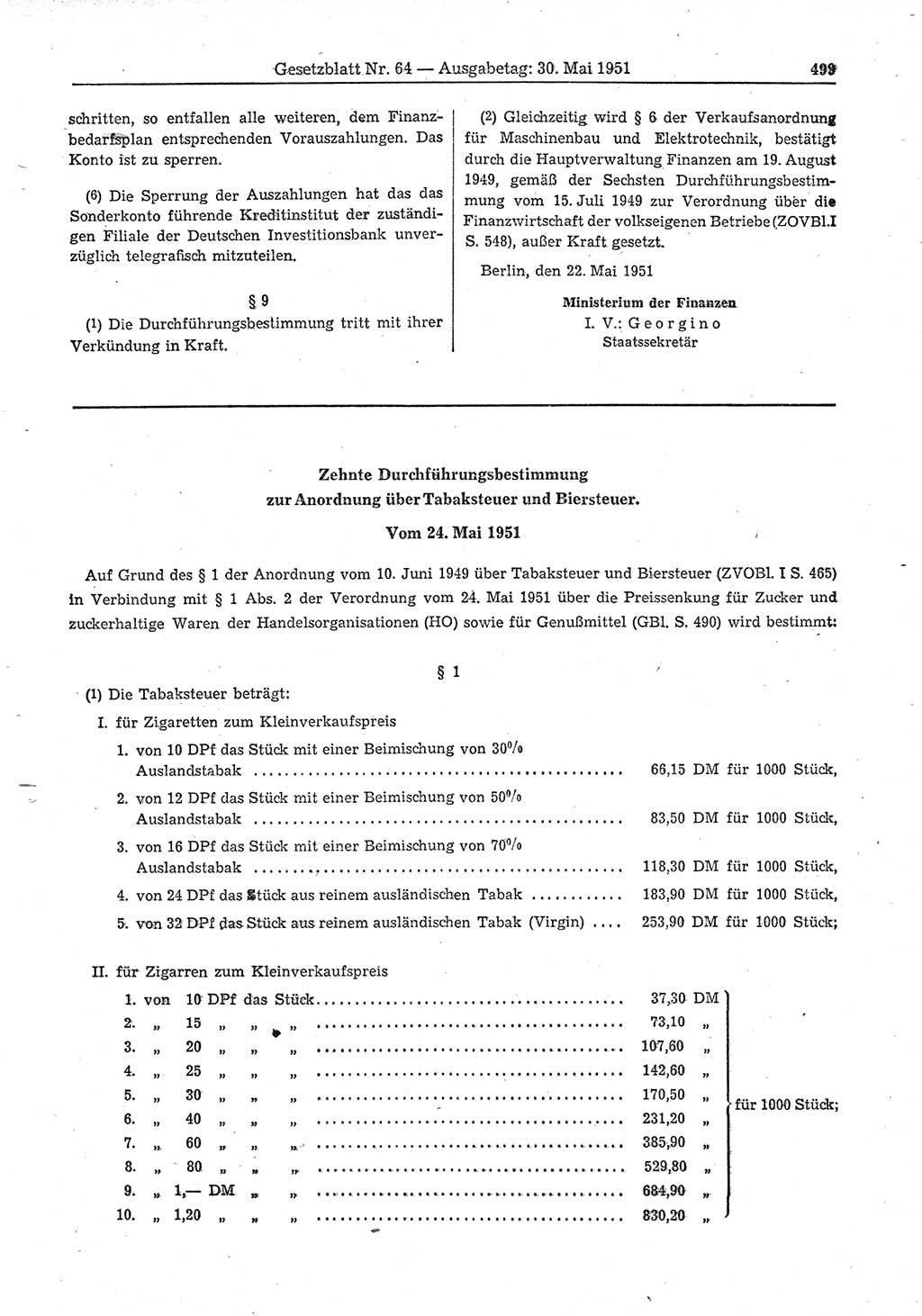 Gesetzblatt (GBl.) der Deutschen Demokratischen Republik (DDR) 1951, Seite 499 (GBl. DDR 1951, S. 499)