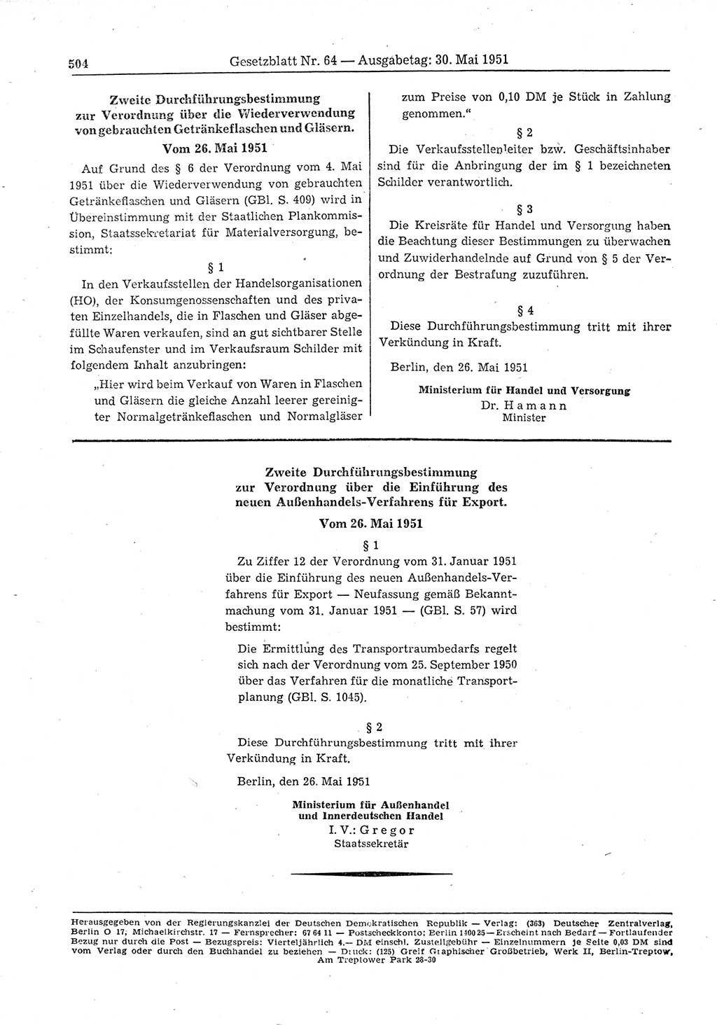 Gesetzblatt (GBl.) der Deutschen Demokratischen Republik (DDR) 1951, Seite 504 (GBl. DDR 1951, S. 504)
