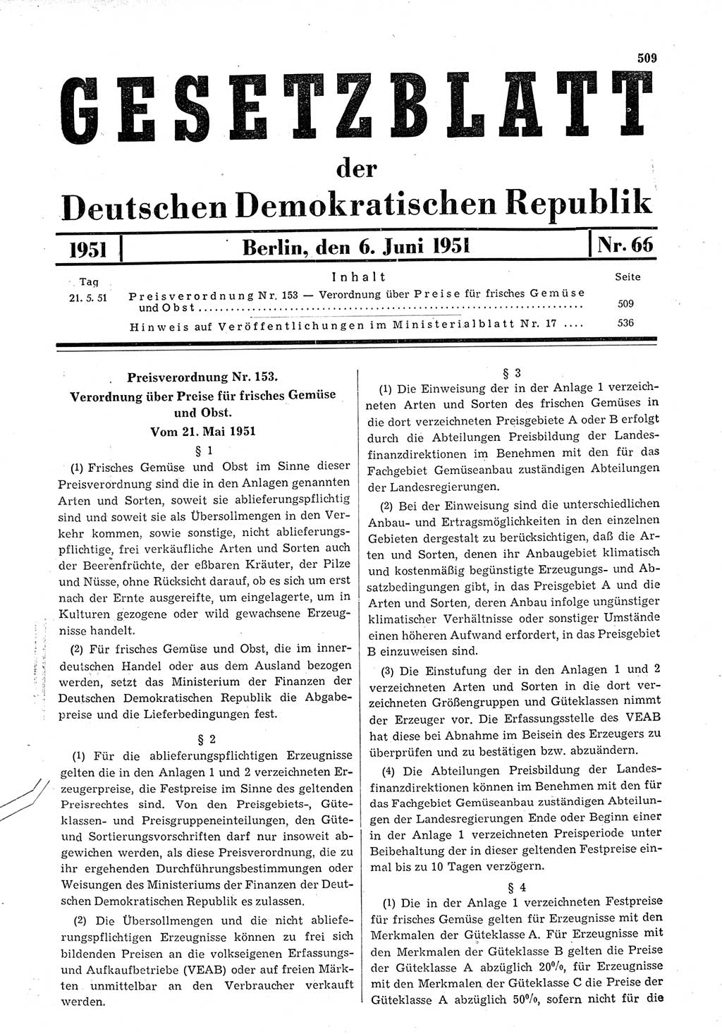 Gesetzblatt (GBl.) der Deutschen Demokratischen Republik (DDR) 1951, Seite 509 (GBl. DDR 1951, S. 509)