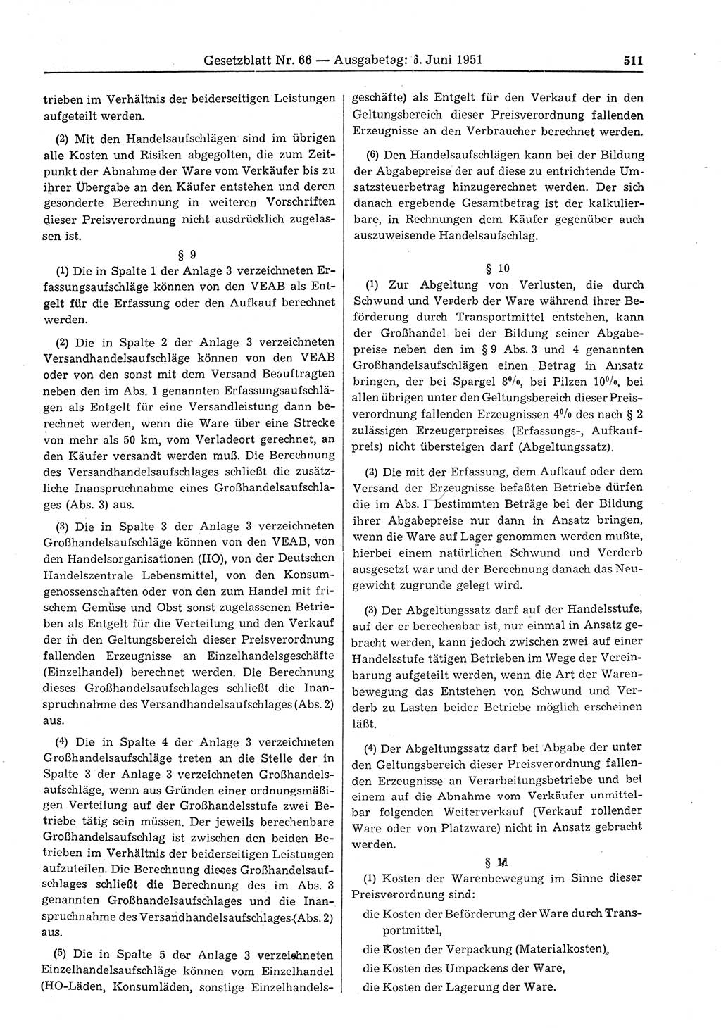 Gesetzblatt (GBl.) der Deutschen Demokratischen Republik (DDR) 1951, Seite 511 (GBl. DDR 1951, S. 511)