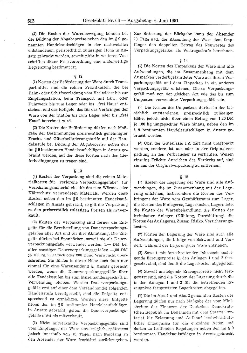 Gesetzblatt (GBl.) der Deutschen Demokratischen Republik (DDR) 1951, Seite 512 (GBl. DDR 1951, S. 512)