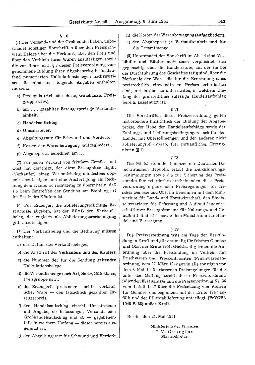 Gesetzblatt (GBl.) der Deutschen Demokratischen Republik (DDR) 1951, Seite 513 (GBl. DDR 1951, S. 513)