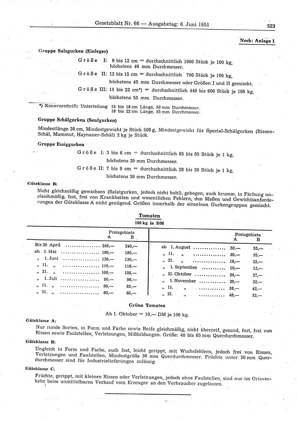 Gesetzblatt (GBl.) der Deutschen Demokratischen Republik (DDR) 1951, Seite 523 (GBl. DDR 1951, S. 523)