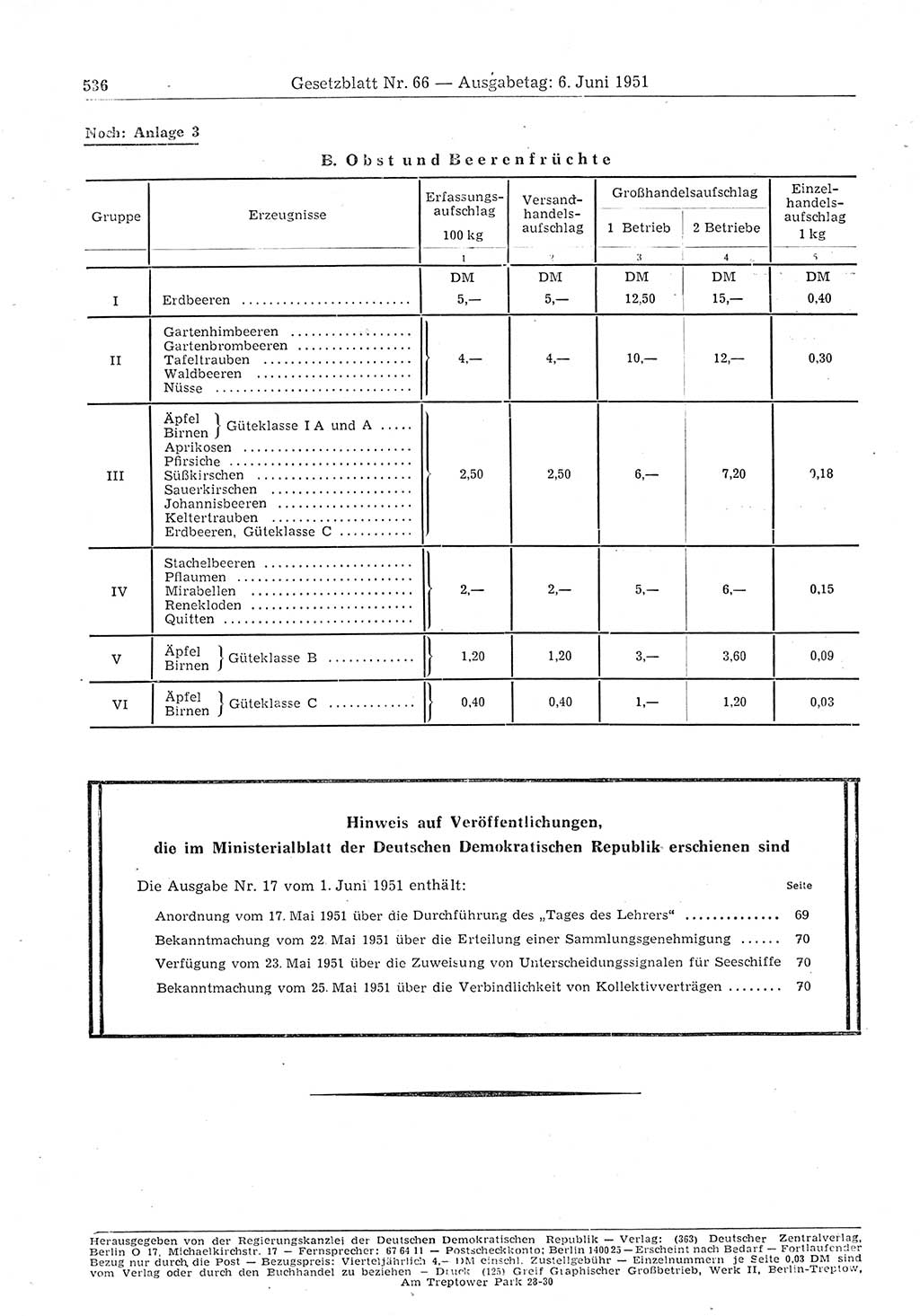 Gesetzblatt (GBl.) der Deutschen Demokratischen Republik (DDR) 1951, Seite 536 (GBl. DDR 1951, S. 536)