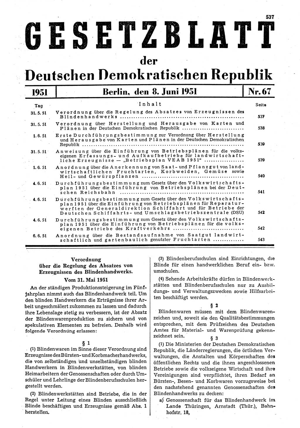 Gesetzblatt (GBl.) der Deutschen Demokratischen Republik (DDR) 1951, Seite 537 (GBl. DDR 1951, S. 537)