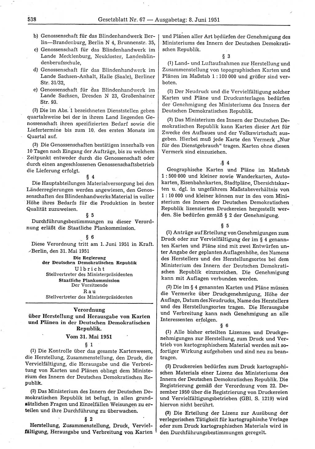 Gesetzblatt (GBl.) der Deutschen Demokratischen Republik (DDR) 1951, Seite 538 (GBl. DDR 1951, S. 538)