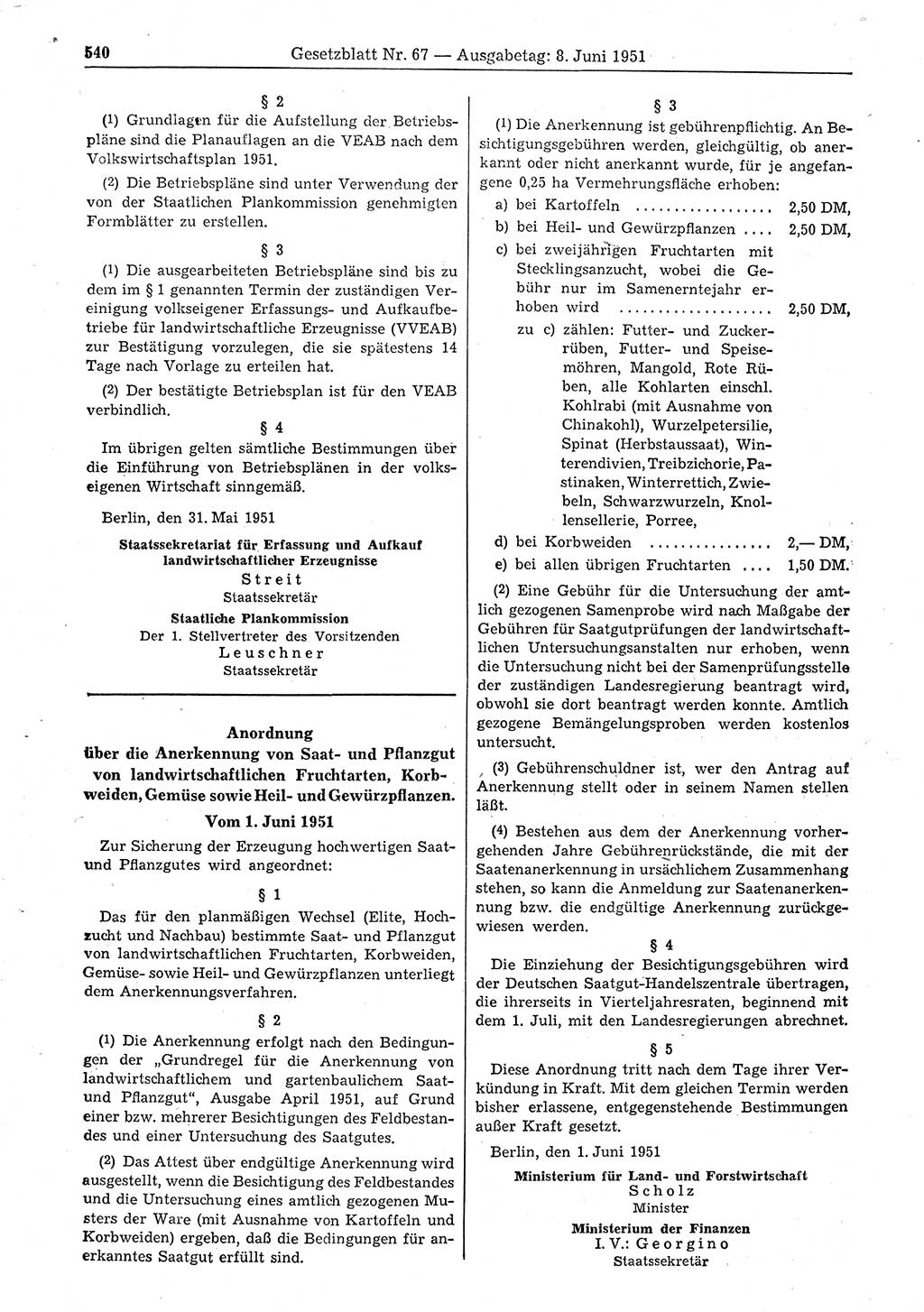 Gesetzblatt (GBl.) der Deutschen Demokratischen Republik (DDR) 1951, Seite 540 (GBl. DDR 1951, S. 540)