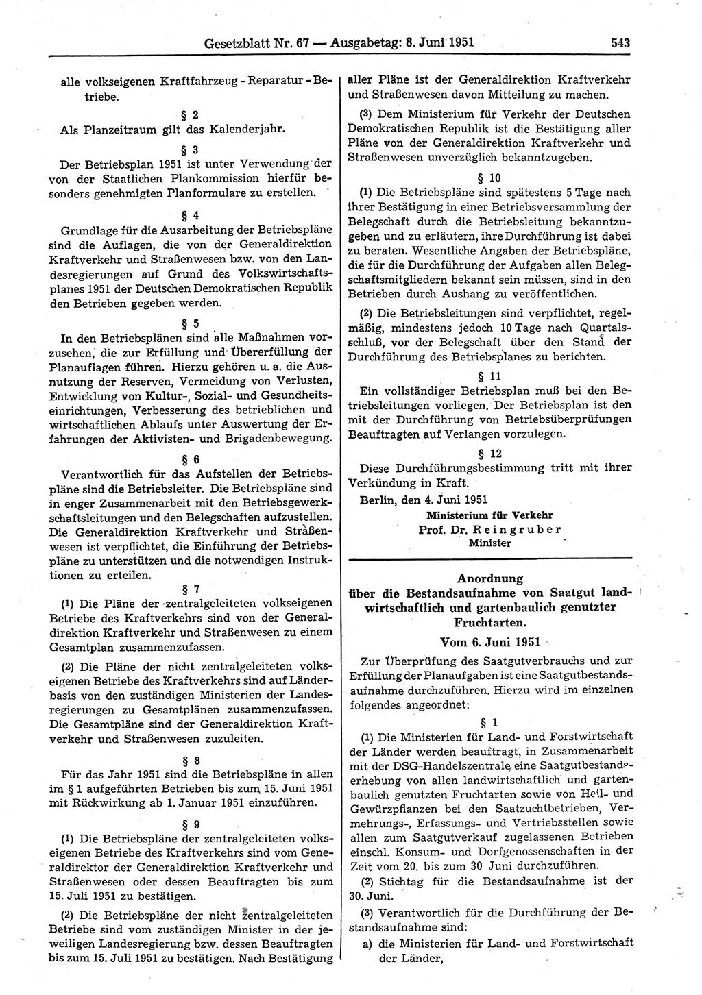 Gesetzblatt (GBl.) der Deutschen Demokratischen Republik (DDR) 1951, Seite 543 (GBl. DDR 1951, S. 543)