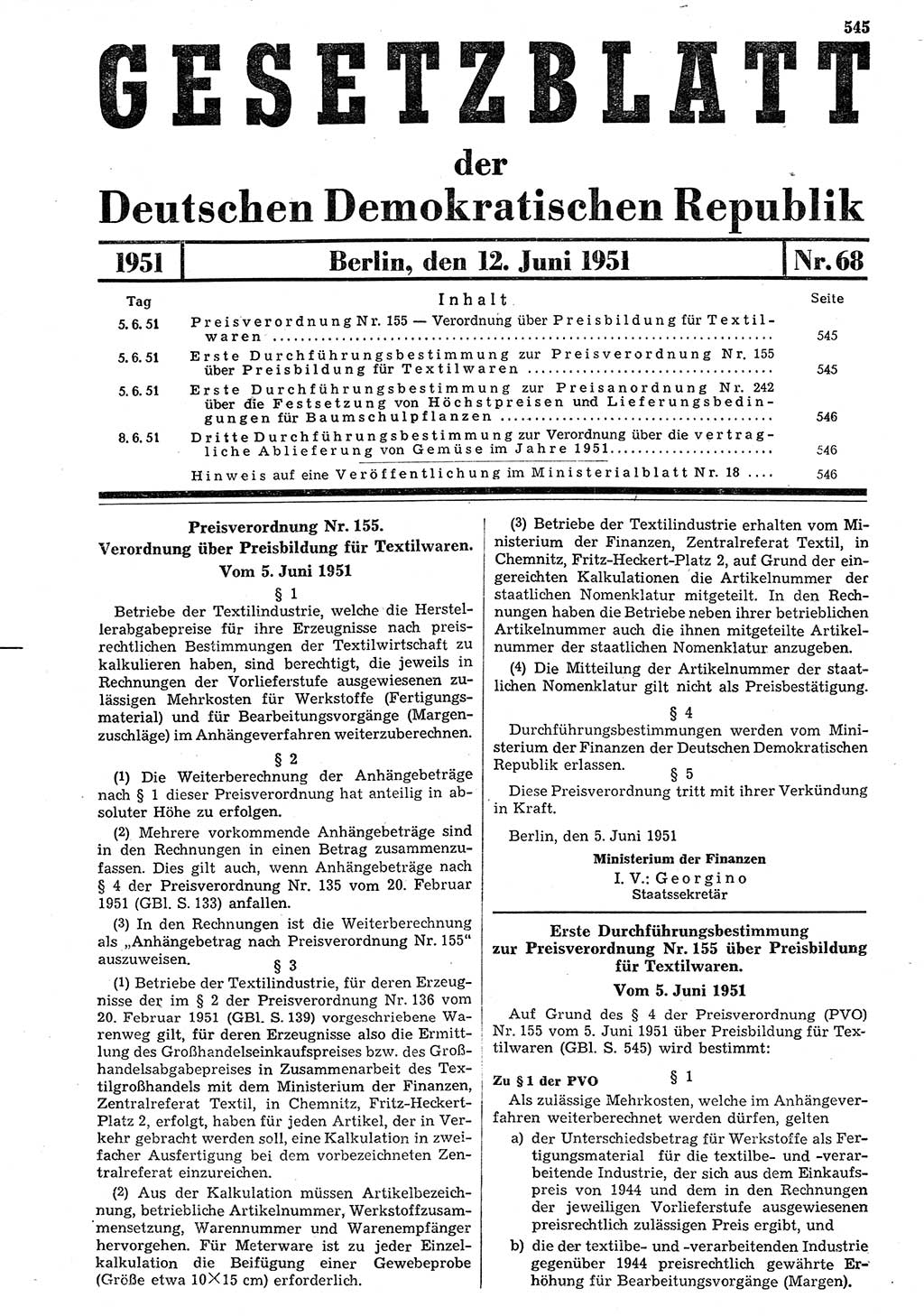 Gesetzblatt (GBl.) der Deutschen Demokratischen Republik (DDR) 1951, Seite 545 (GBl. DDR 1951, S. 545)