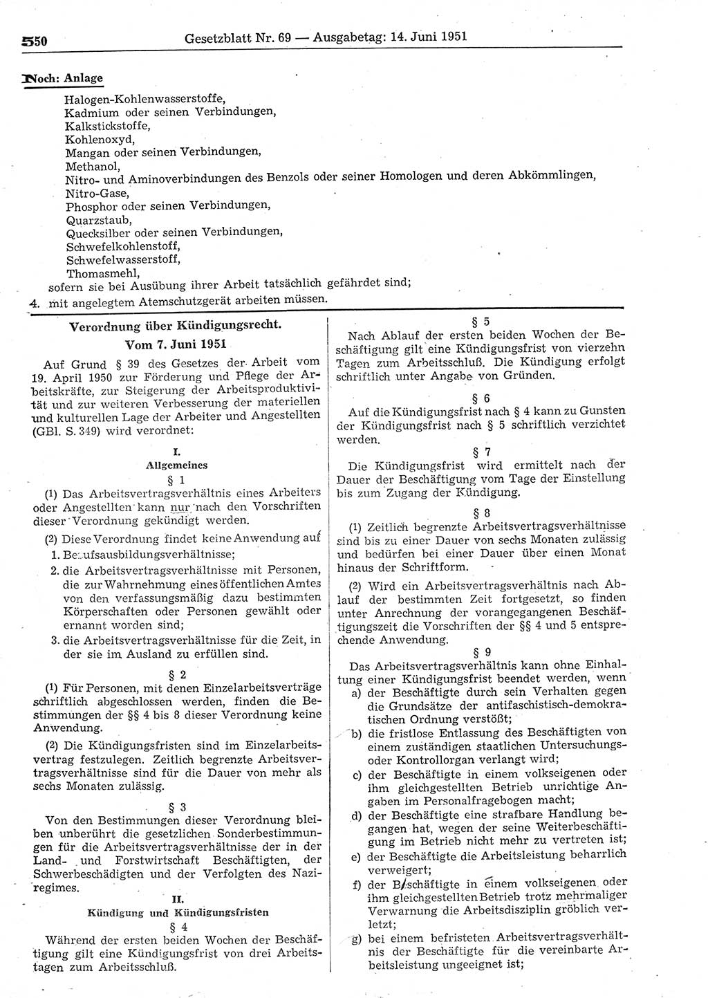 Gesetzblatt (GBl.) der Deutschen Demokratischen Republik (DDR) 1951, Seite 550 (GBl. DDR 1951, S. 550)