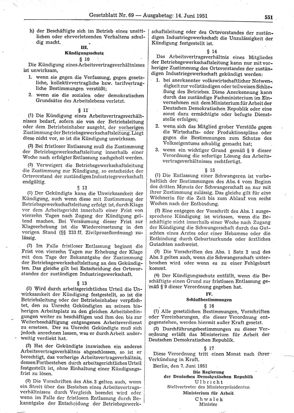 Gesetzblatt (GBl.) der Deutschen Demokratischen Republik (DDR) 1951, Seite 551 (GBl. DDR 1951, S. 551)