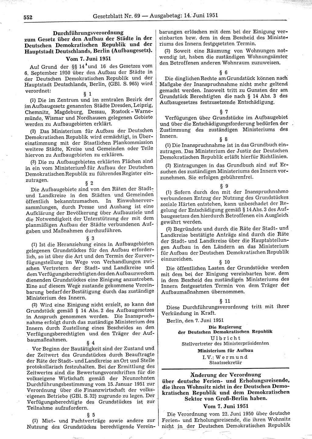 Gesetzblatt (GBl.) der Deutschen Demokratischen Republik (DDR) 1951, Seite 552 (GBl. DDR 1951, S. 552)
