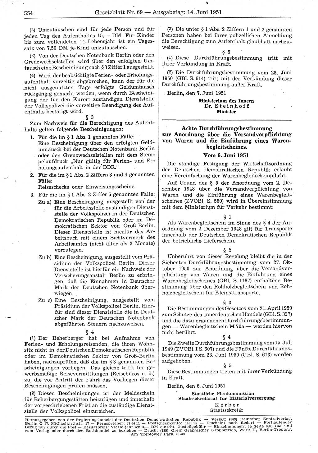 Gesetzblatt (GBl.) der Deutschen Demokratischen Republik (DDR) 1951, Seite 554 (GBl. DDR 1951, S. 554)