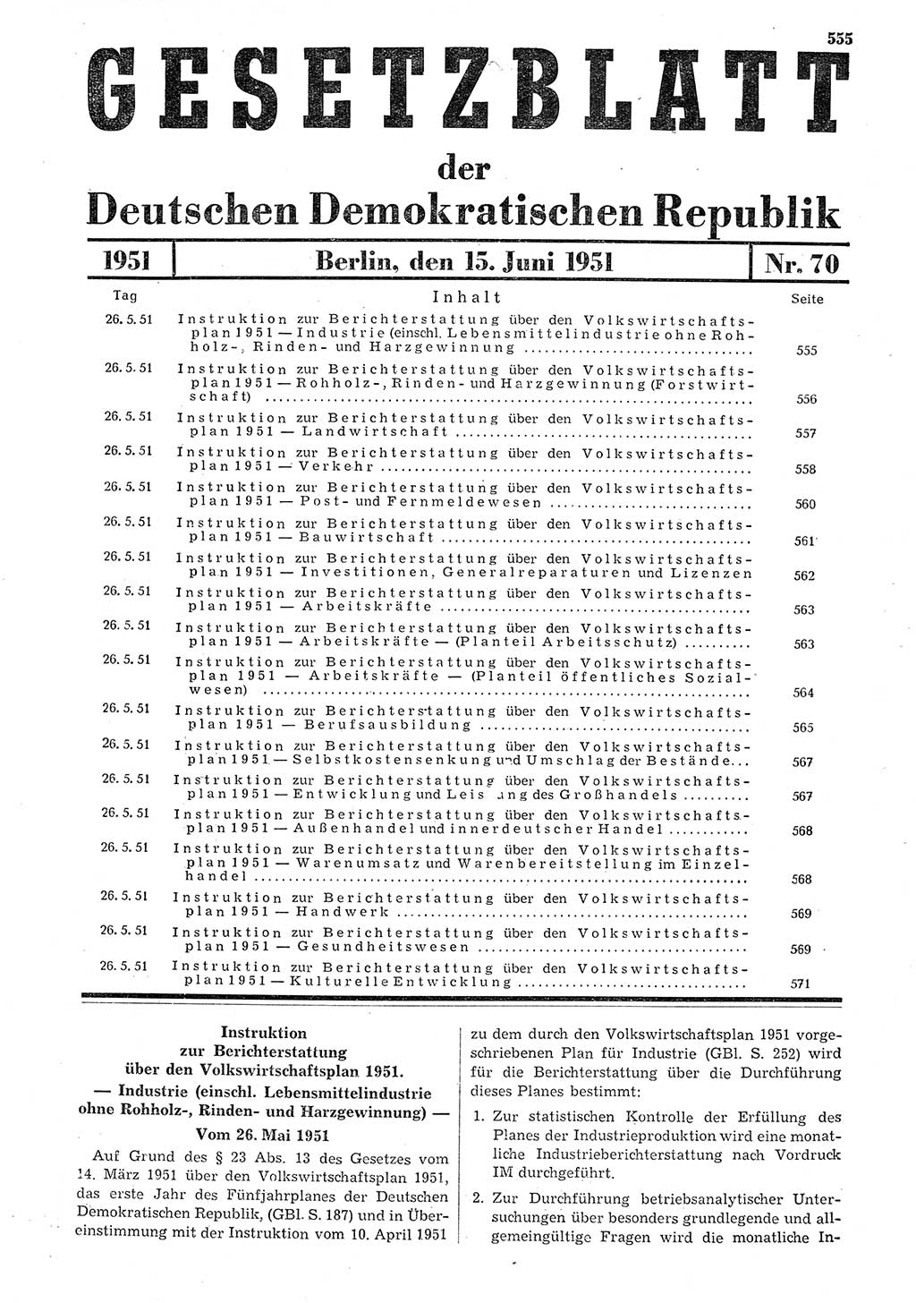 Gesetzblatt (GBl.) der Deutschen Demokratischen Republik (DDR) 1951, Seite 555 (GBl. DDR 1951, S. 555)