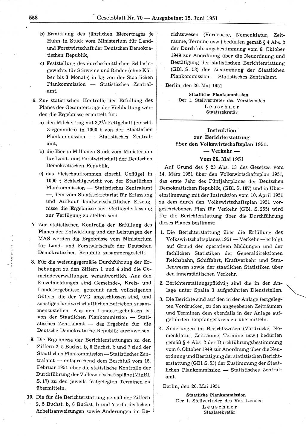 Gesetzblatt (GBl.) der Deutschen Demokratischen Republik (DDR) 1951, Seite 558 (GBl. DDR 1951, S. 558)