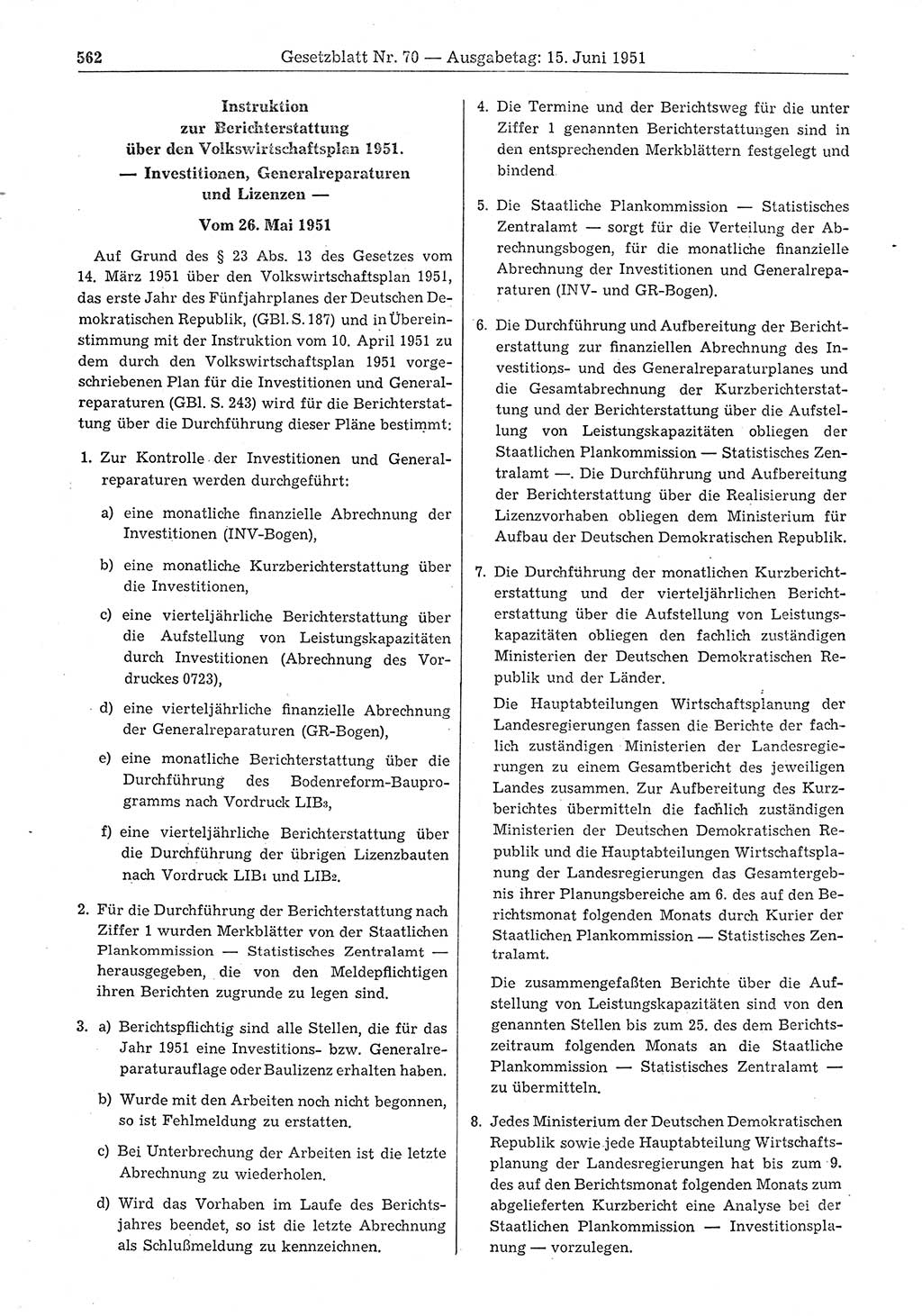 Gesetzblatt (GBl.) der Deutschen Demokratischen Republik (DDR) 1951, Seite 562 (GBl. DDR 1951, S. 562)