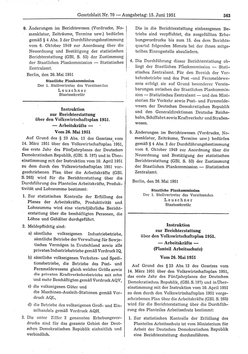 Gesetzblatt (GBl.) der Deutschen Demokratischen Republik (DDR) 1951, Seite 563 (GBl. DDR 1951, S. 563)