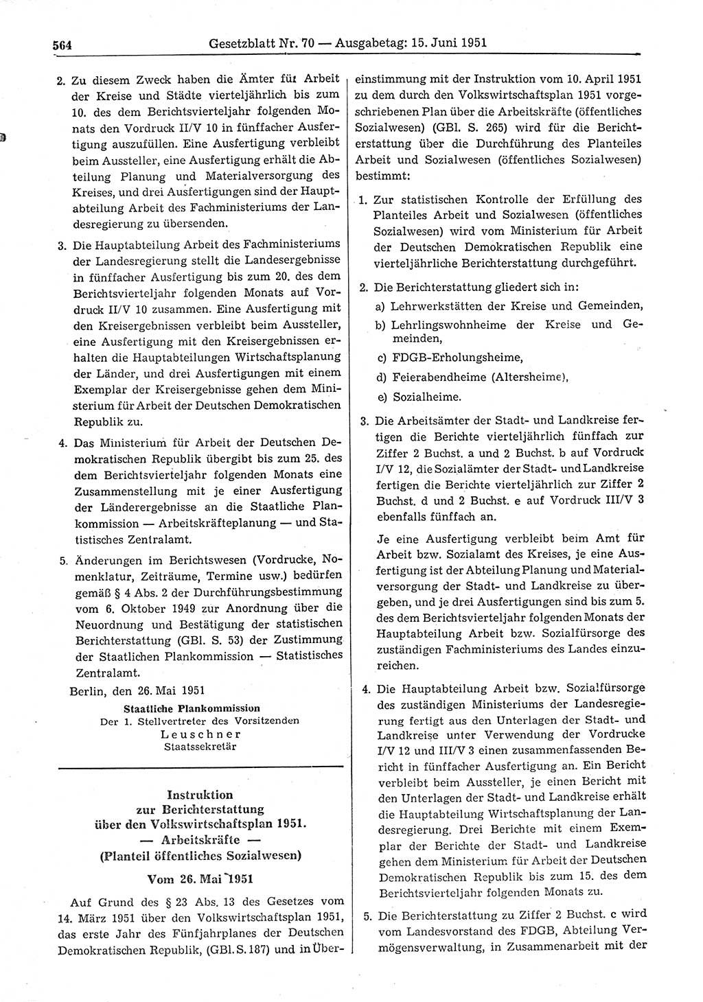 Gesetzblatt (GBl.) der Deutschen Demokratischen Republik (DDR) 1951, Seite 564 (GBl. DDR 1951, S. 564)