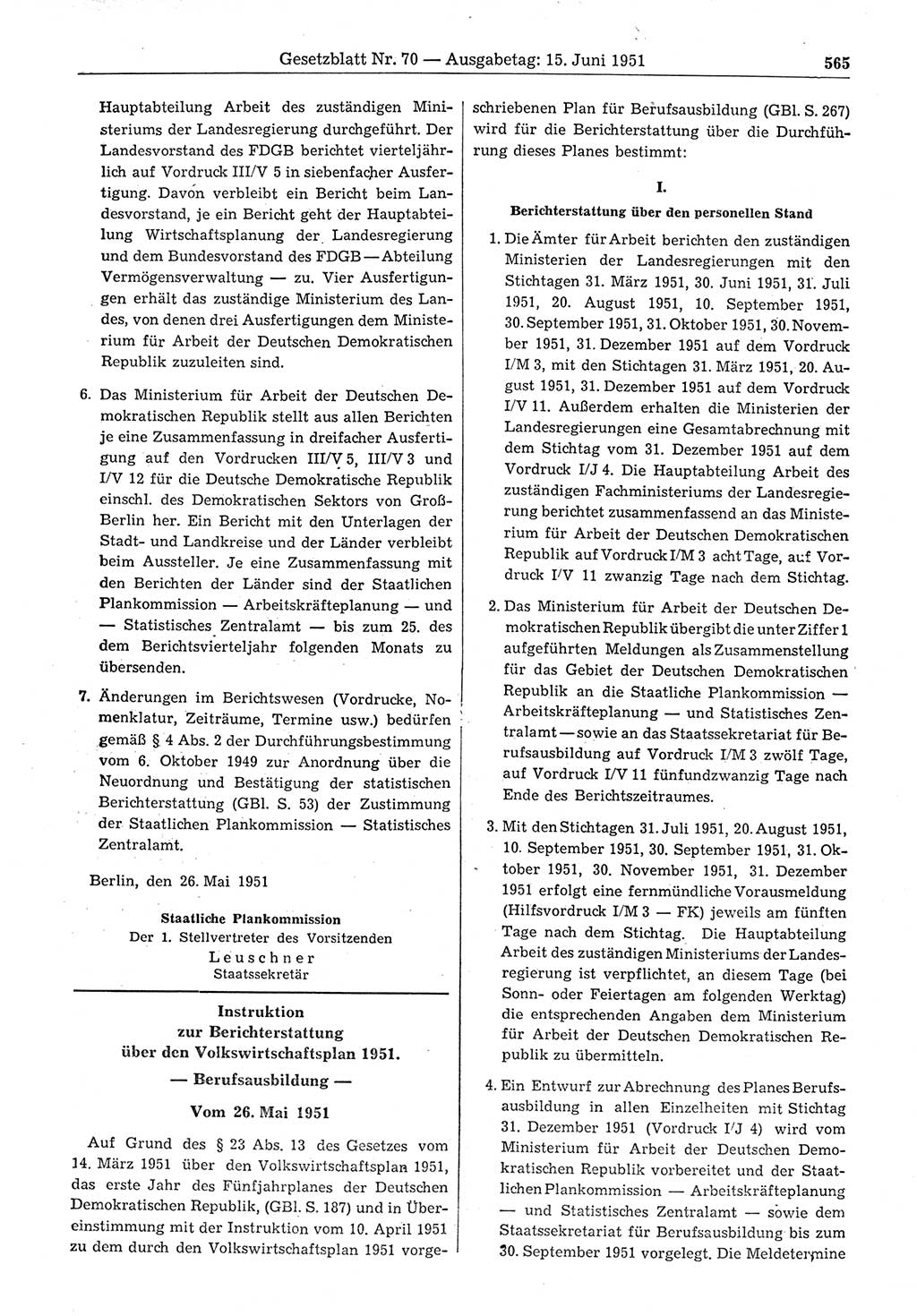 Gesetzblatt (GBl.) der Deutschen Demokratischen Republik (DDR) 1951, Seite 565 (GBl. DDR 1951, S. 565)