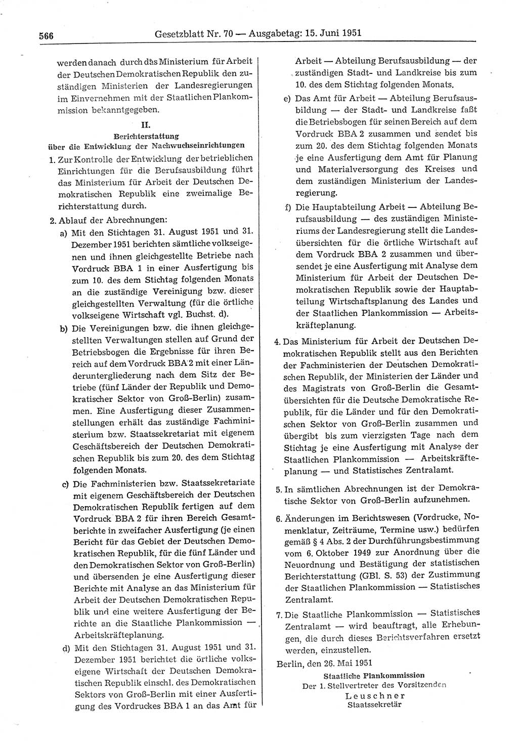 Gesetzblatt (GBl.) der Deutschen Demokratischen Republik (DDR) 1951, Seite 566 (GBl. DDR 1951, S. 566)