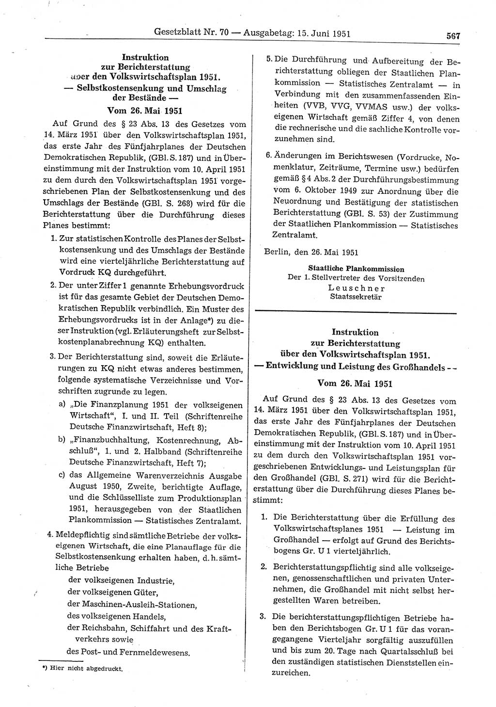 Gesetzblatt (GBl.) der Deutschen Demokratischen Republik (DDR) 1951, Seite 567 (GBl. DDR 1951, S. 567)