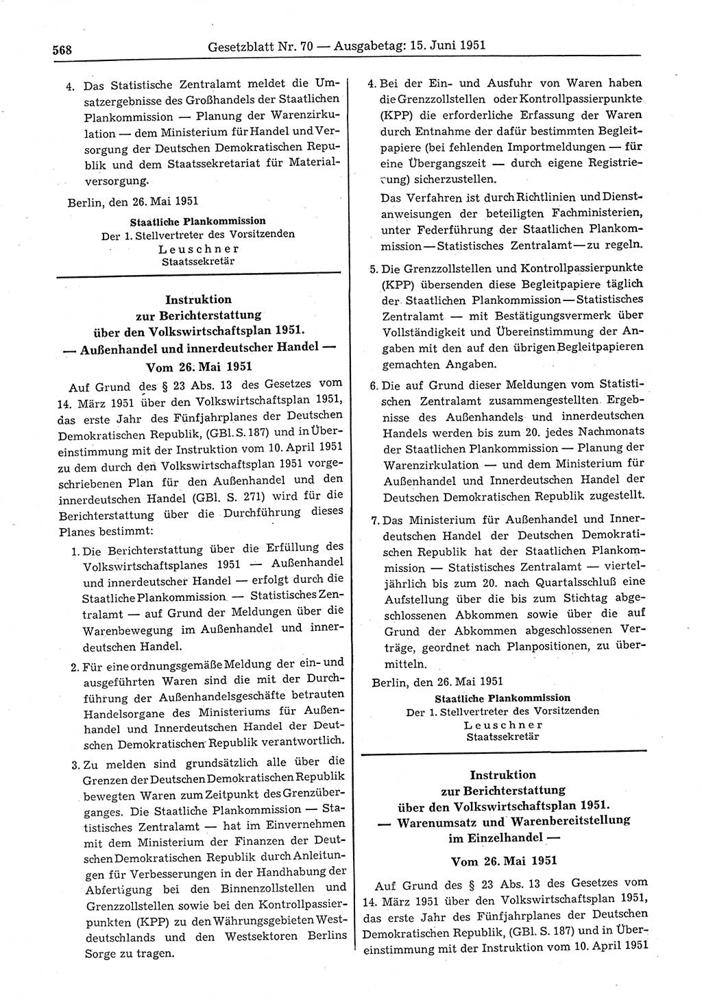 Gesetzblatt (GBl.) der Deutschen Demokratischen Republik (DDR) 1951, Seite 568 (GBl. DDR 1951, S. 568)