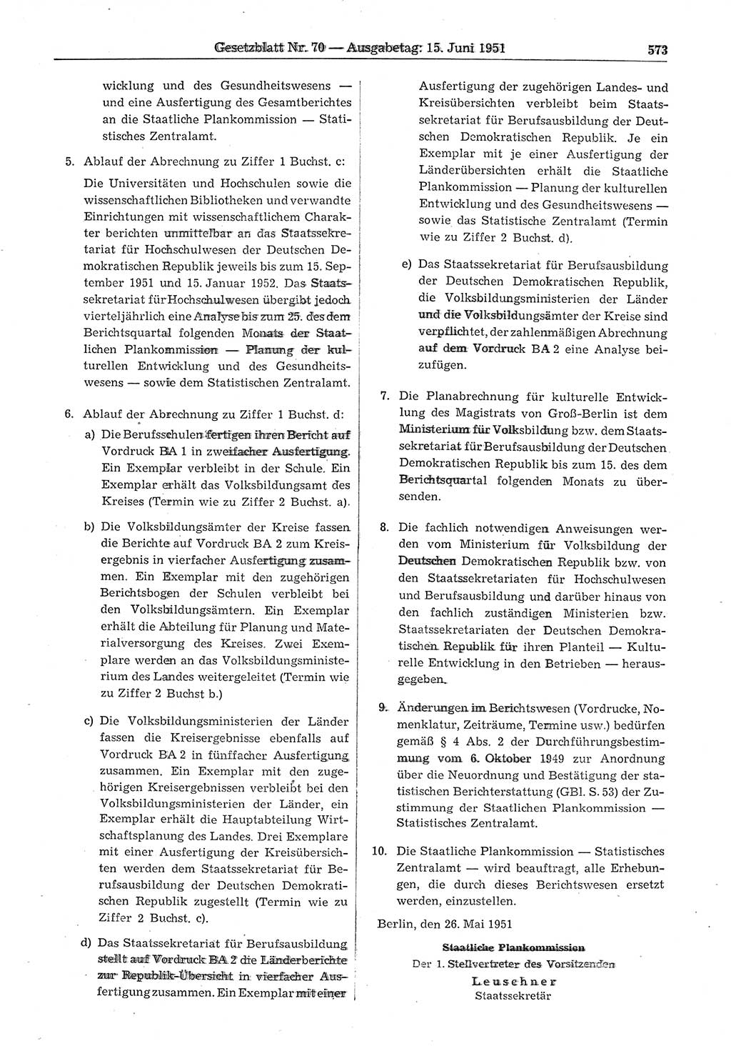 Gesetzblatt (GBl.) der Deutschen Demokratischen Republik (DDR) 1951, Seite 573 (GBl. DDR 1951, S. 573)