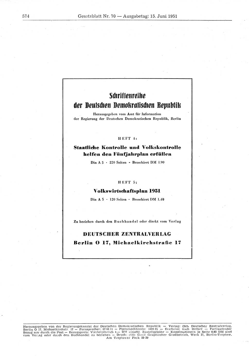 Gesetzblatt (GBl.) der Deutschen Demokratischen Republik (DDR) 1951, Seite 574 (GBl. DDR 1951, S. 574)