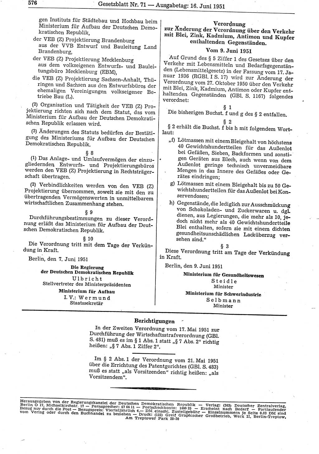 Gesetzblatt (GBl.) der Deutschen Demokratischen Republik (DDR) 1951, Seite 576 (GBl. DDR 1951, S. 576)