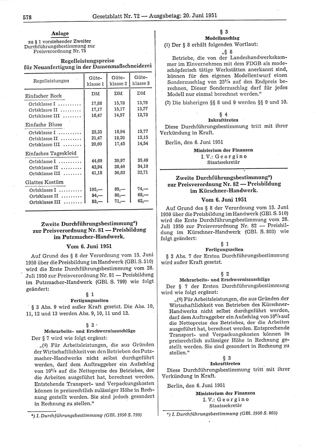 Gesetzblatt (GBl.) der Deutschen Demokratischen Republik (DDR) 1951, Seite 578 (GBl. DDR 1951, S. 578)