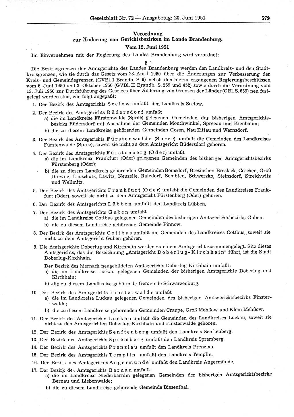 Gesetzblatt (GBl.) der Deutschen Demokratischen Republik (DDR) 1951, Seite 579 (GBl. DDR 1951, S. 579)