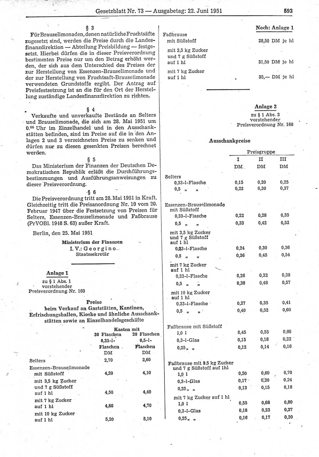 Gesetzblatt (GBl.) der Deutschen Demokratischen Republik (DDR) 1951, Seite 593 (GBl. DDR 1951, S. 593)