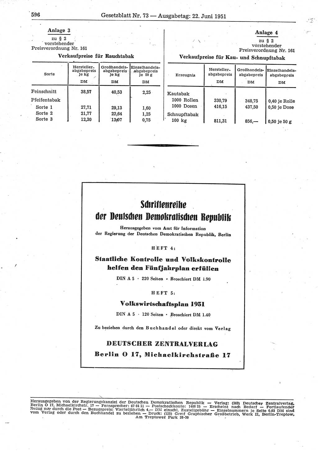 Gesetzblatt (GBl.) der Deutschen Demokratischen Republik (DDR) 1951, Seite 596 (GBl. DDR 1951, S. 596)