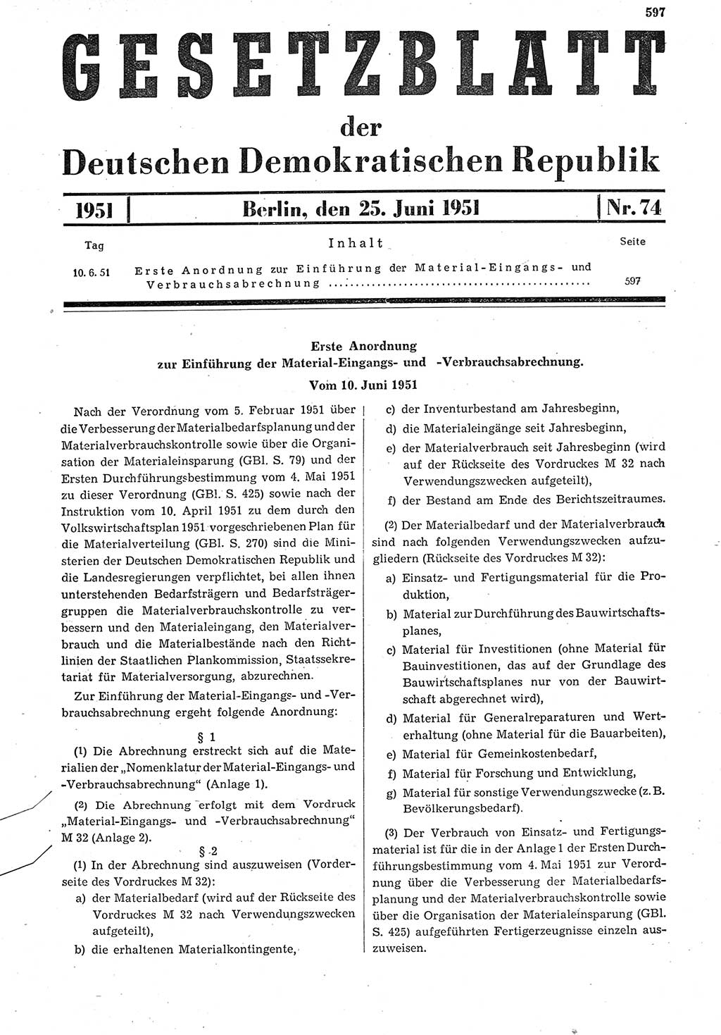 Gesetzblatt (GBl.) der Deutschen Demokratischen Republik (DDR) 1951, Seite 597 (GBl. DDR 1951, S. 597)
