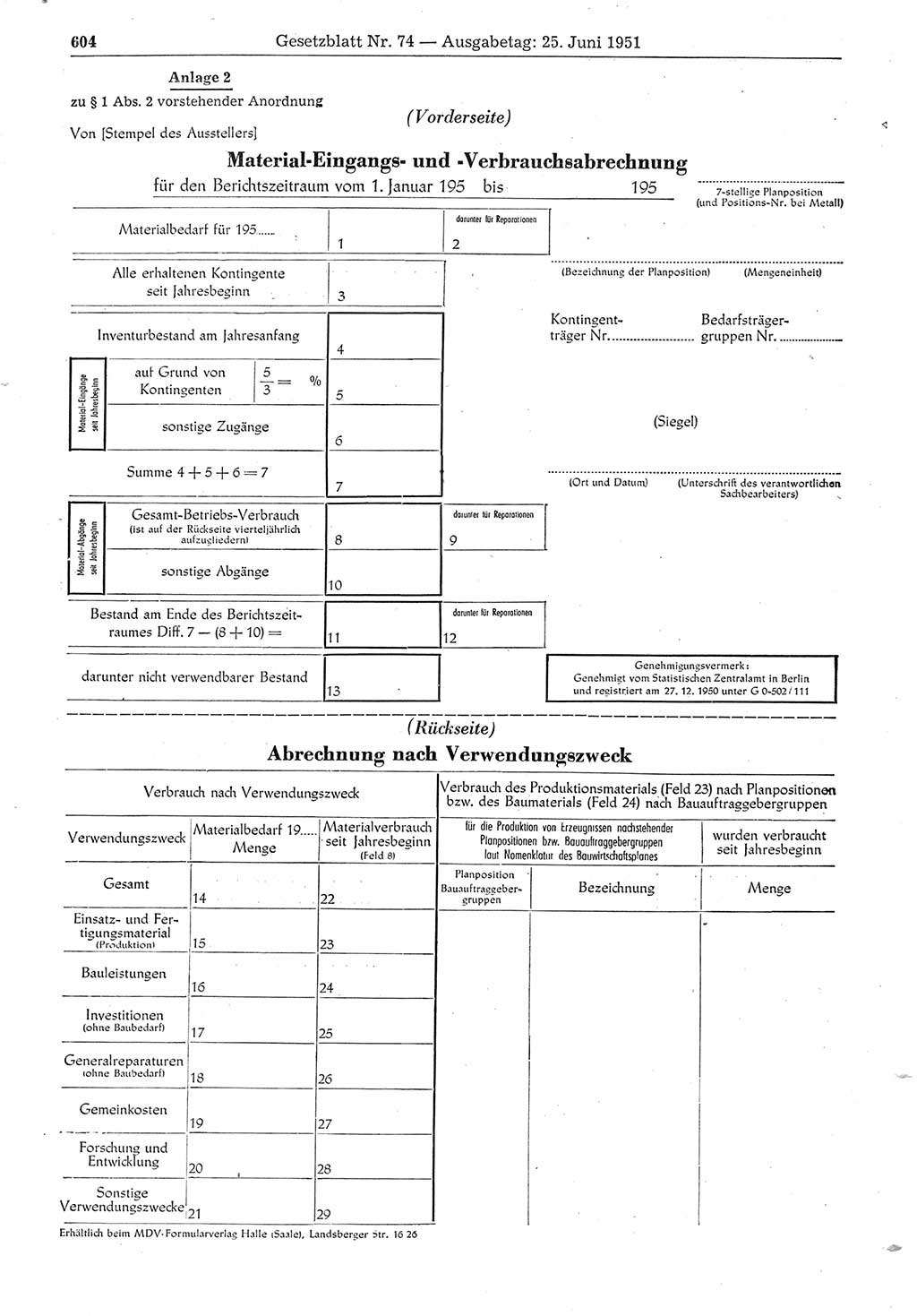 Gesetzblatt (GBl.) der Deutschen Demokratischen Republik (DDR) 1951, Seite 604 (GBl. DDR 1951, S. 604)