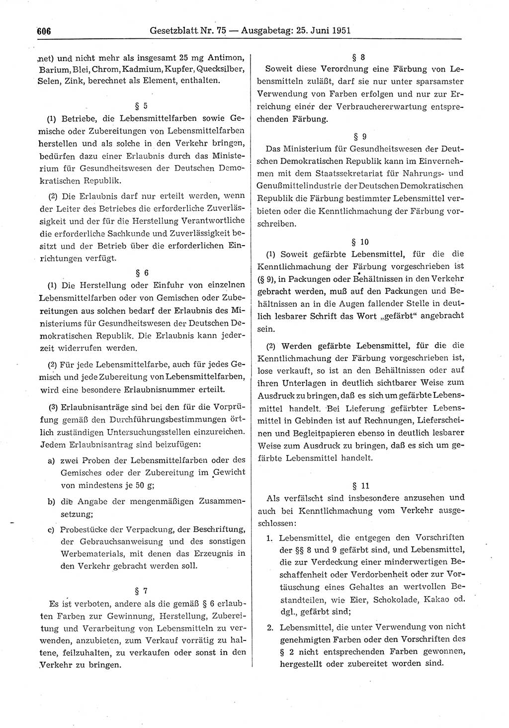 Gesetzblatt (GBl.) der Deutschen Demokratischen Republik (DDR) 1951, Seite 606 (GBl. DDR 1951, S. 606)
