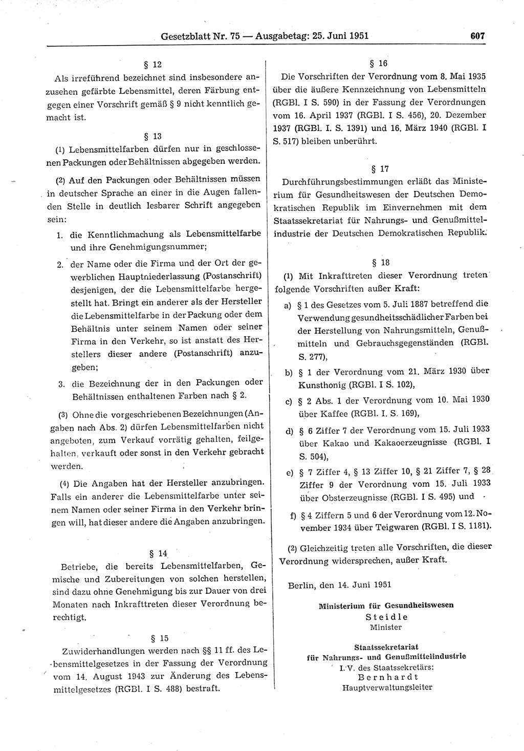 Gesetzblatt (GBl.) der Deutschen Demokratischen Republik (DDR) 1951, Seite 607 (GBl. DDR 1951, S. 607)