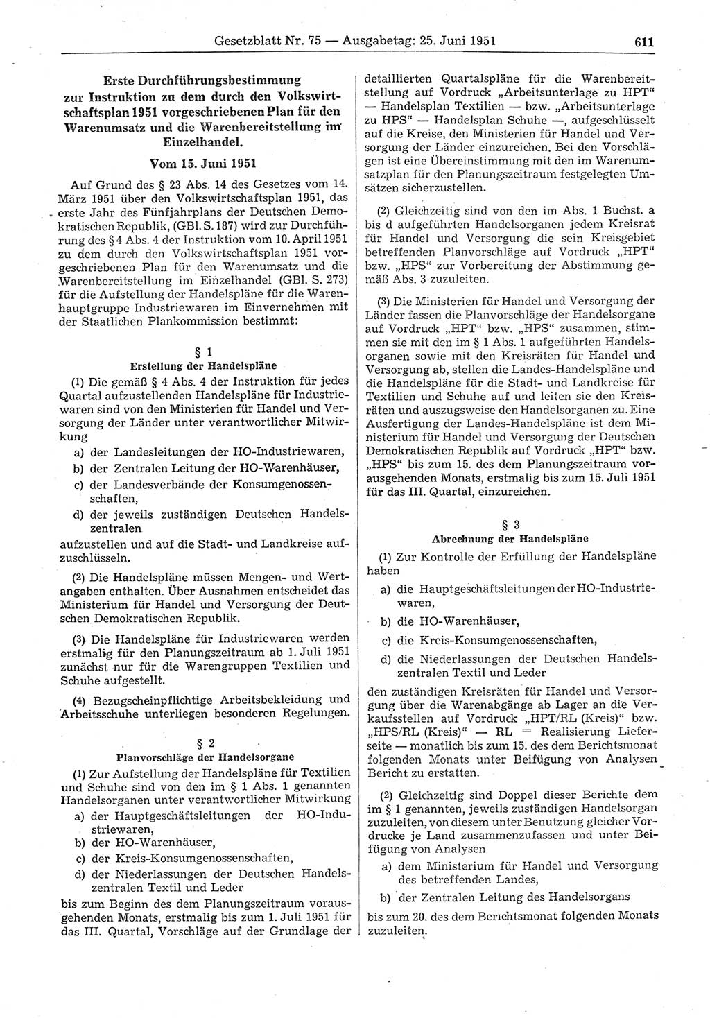 Gesetzblatt (GBl.) der Deutschen Demokratischen Republik (DDR) 1951, Seite 611 (GBl. DDR 1951, S. 611)