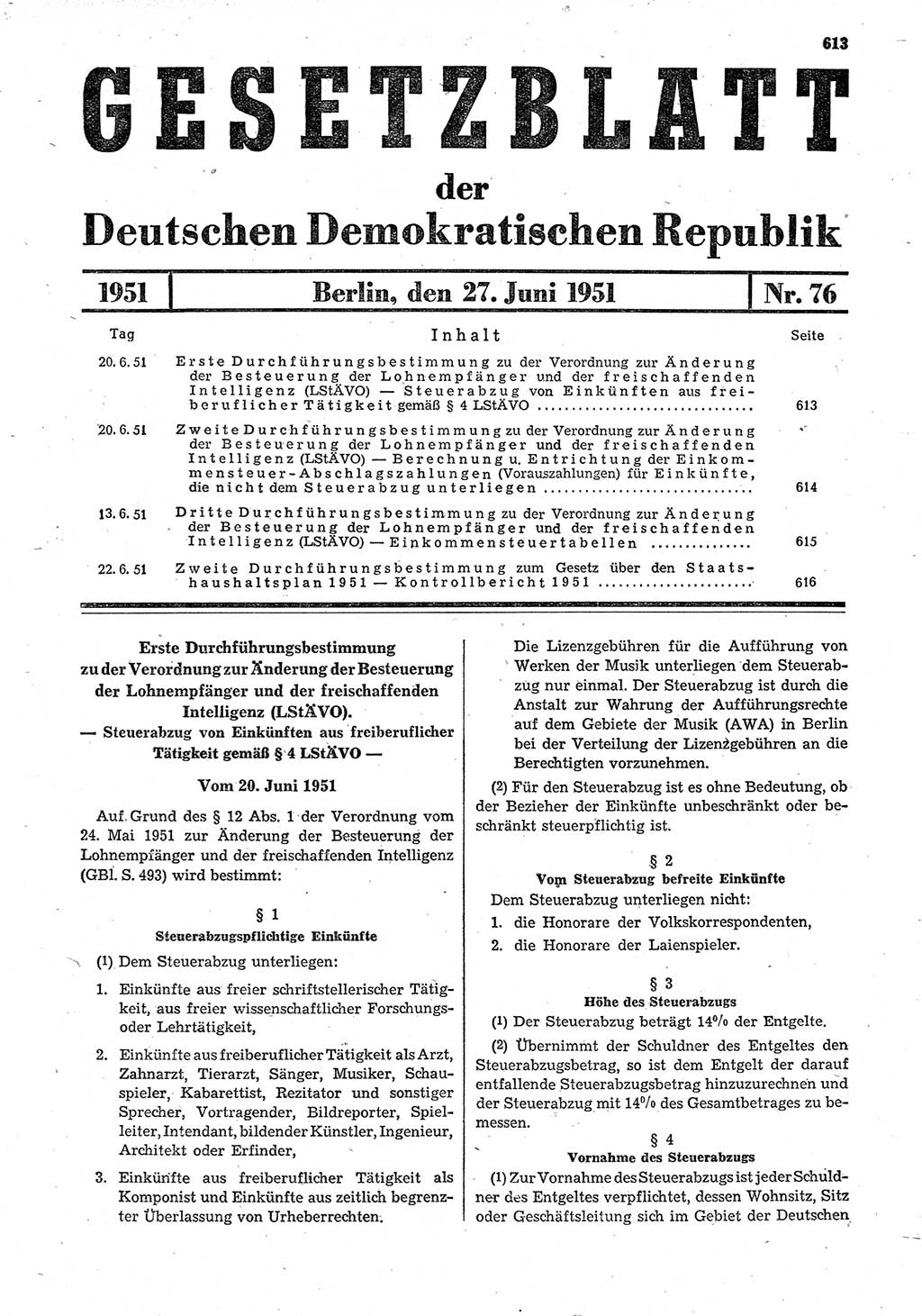 Gesetzblatt (GBl.) der Deutschen Demokratischen Republik (DDR) 1951, Seite 613 (GBl. DDR 1951, S. 613)