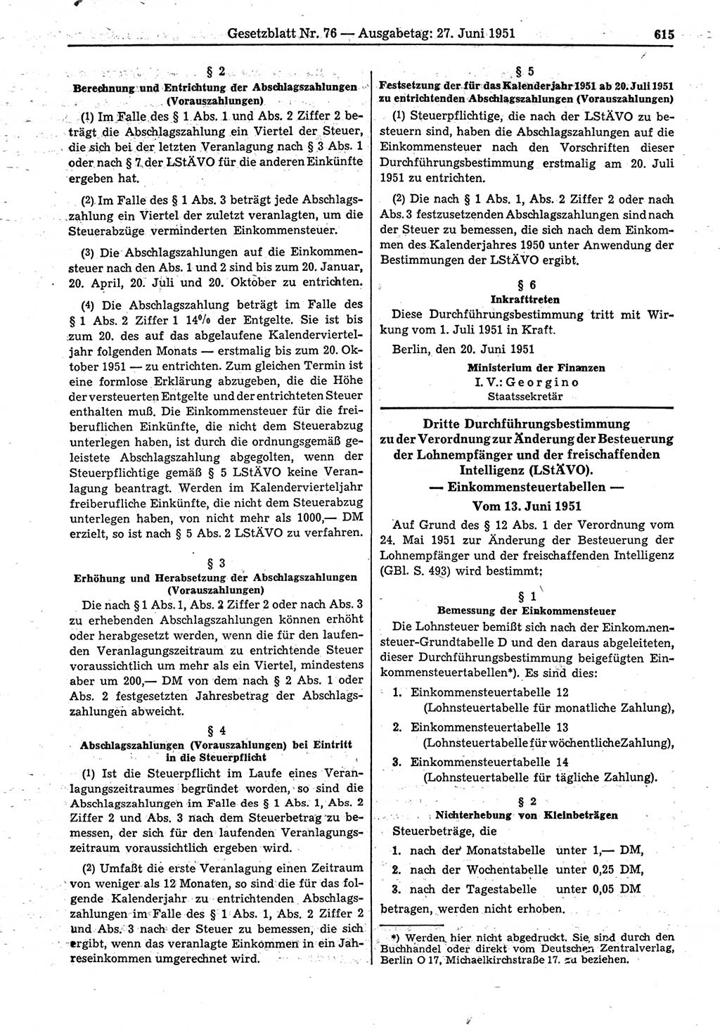 Gesetzblatt (GBl.) der Deutschen Demokratischen Republik (DDR) 1951, Seite 615 (GBl. DDR 1951, S. 615)