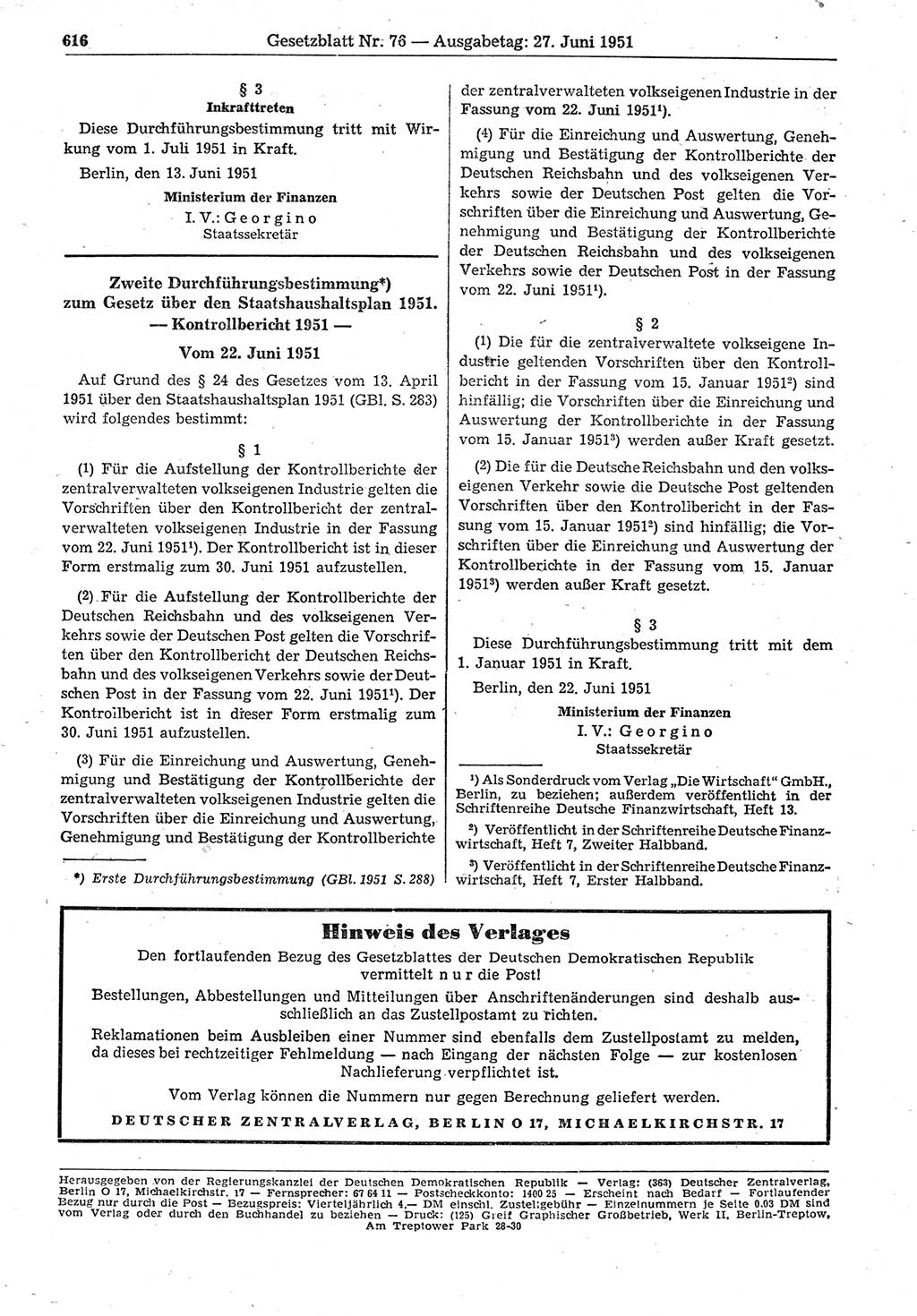 Gesetzblatt (GBl.) der Deutschen Demokratischen Republik (DDR) 1951, Seite 616 (GBl. DDR 1951, S. 616)
