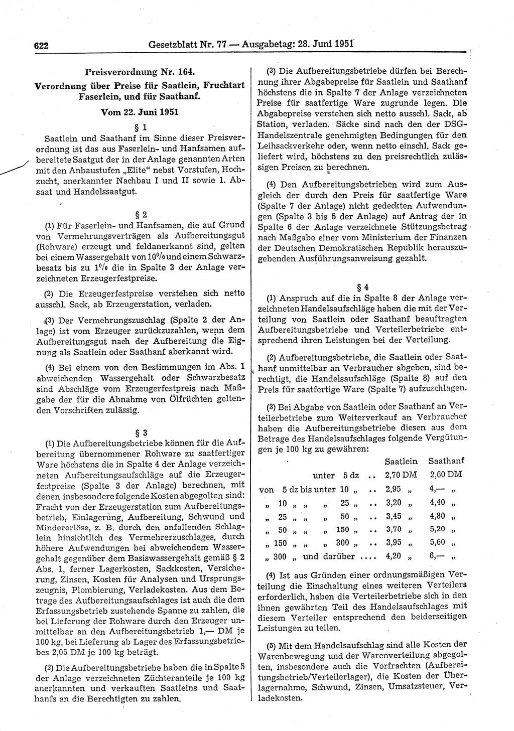 Gesetzblatt (GBl.) der Deutschen Demokratischen Republik (DDR) 1951, Seite 622 (GBl. DDR 1951, S. 622)