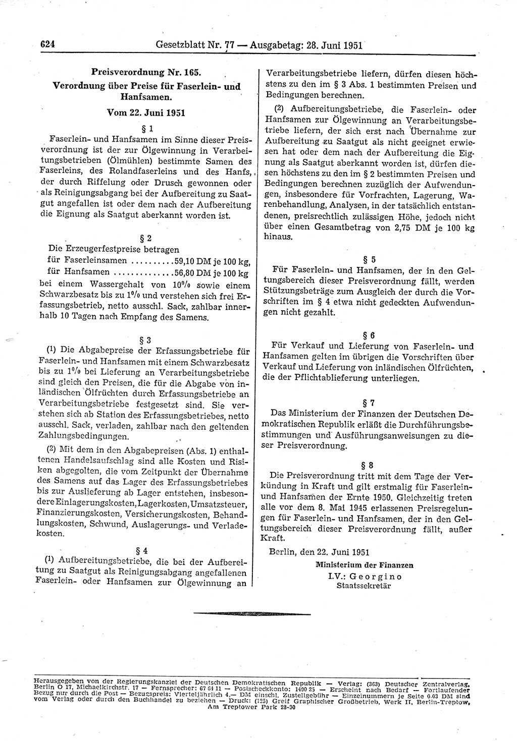 Gesetzblatt (GBl.) der Deutschen Demokratischen Republik (DDR) 1951, Seite 624 (GBl. DDR 1951, S. 624)