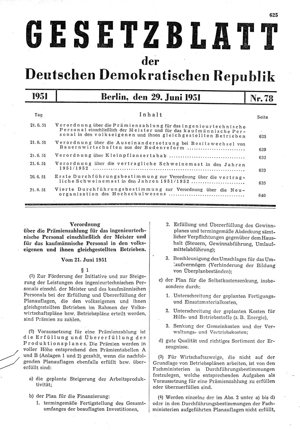 Gesetzblatt (GBl.) der Deutschen Demokratischen Republik (DDR) 1951, Seite 625 (GBl. DDR 1951, S. 625)