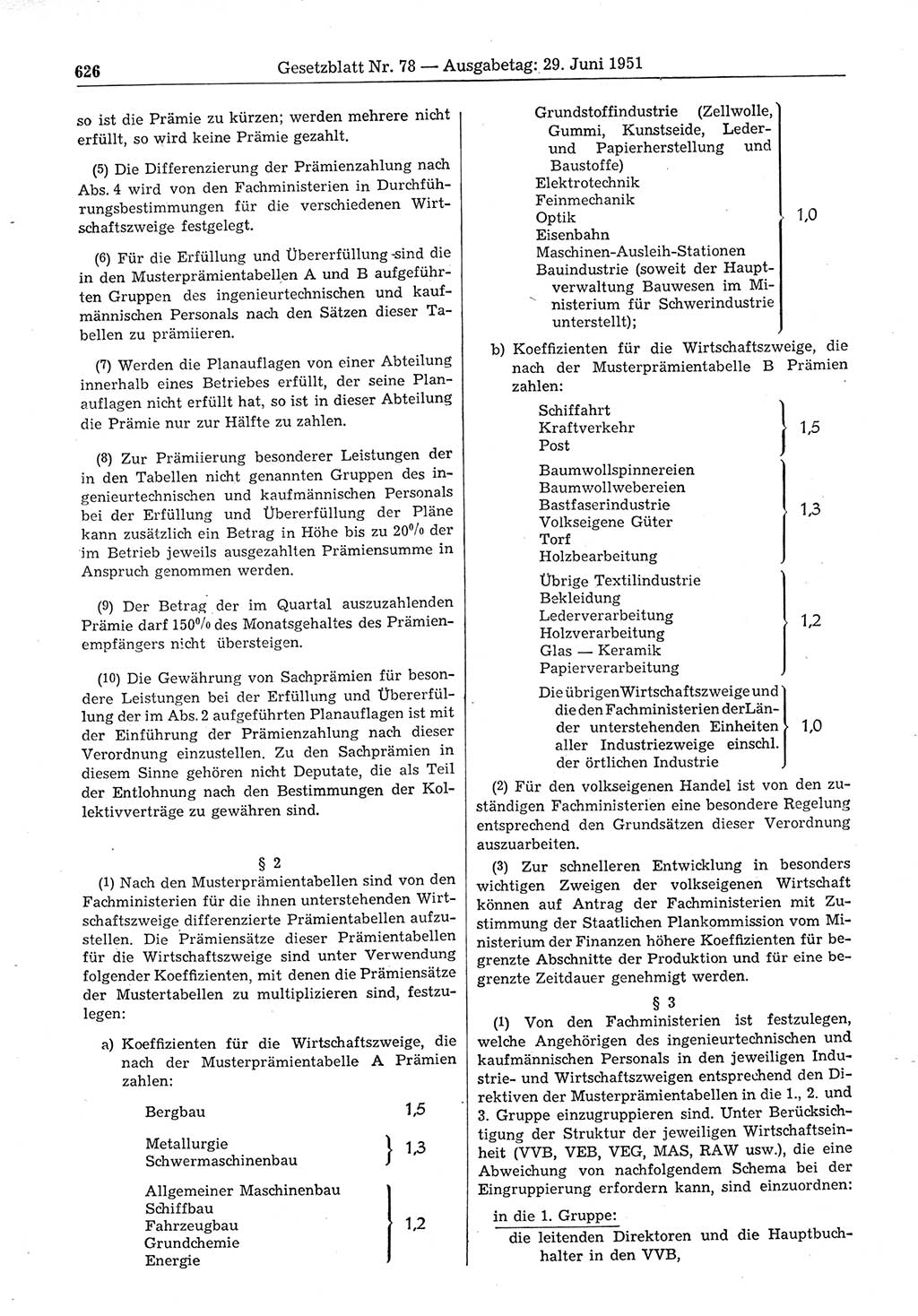 Gesetzblatt (GBl.) der Deutschen Demokratischen Republik (DDR) 1951, Seite 626 (GBl. DDR 1951, S. 626)
