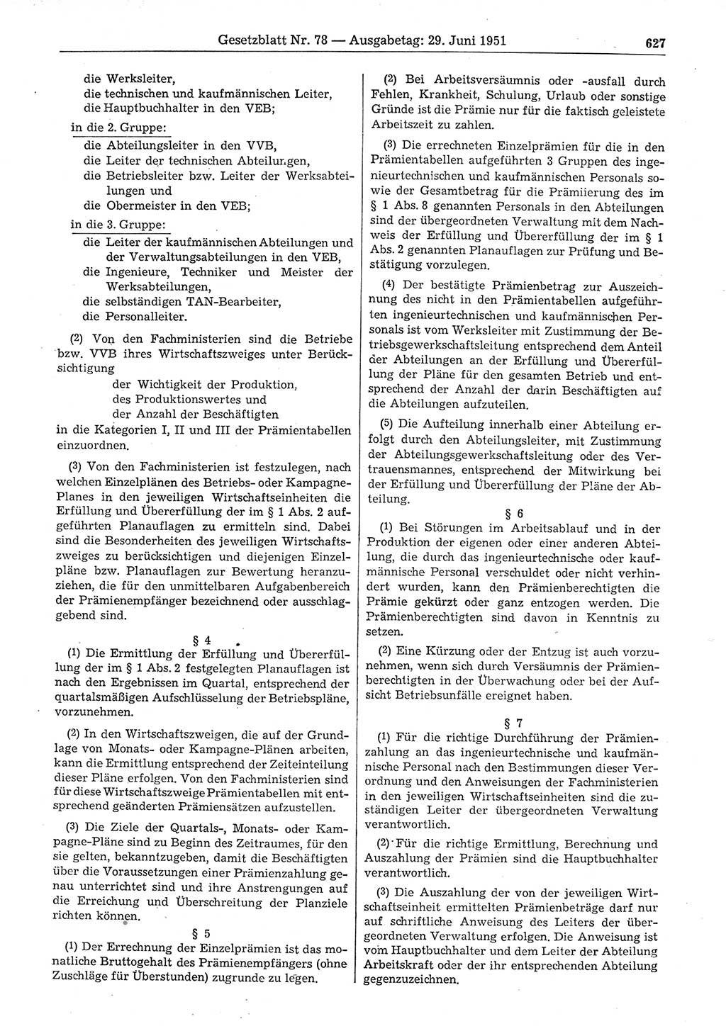 Gesetzblatt (GBl.) der Deutschen Demokratischen Republik (DDR) 1951, Seite 627 (GBl. DDR 1951, S. 627)